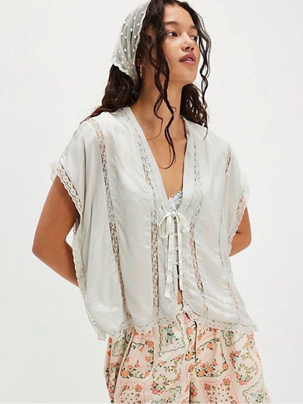 Free People Ivory Lace-Trim Tie Front Blouse